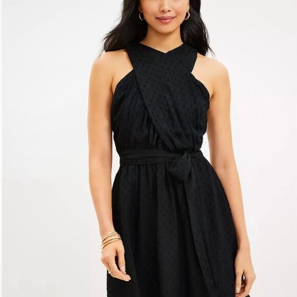 LOFT Dresses & Skirts - Women LOFT Black Swiss Dot Crossover Halter Mini Dress Size 4